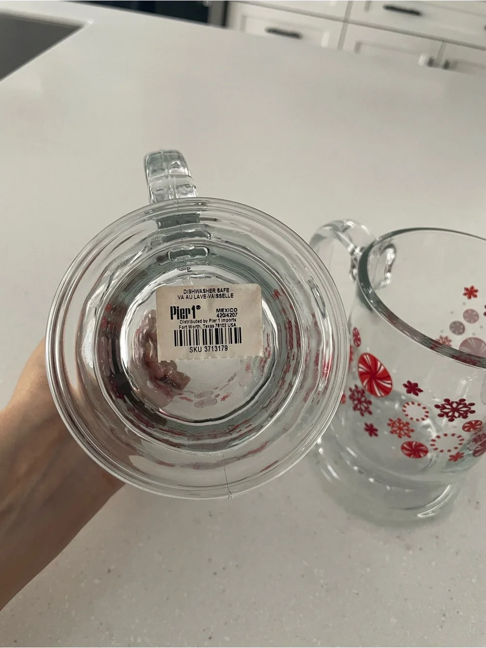 Pier 1 Christmas Peppermint Snowflake Glass Mugs Set of 2 Holiday Footed Cups